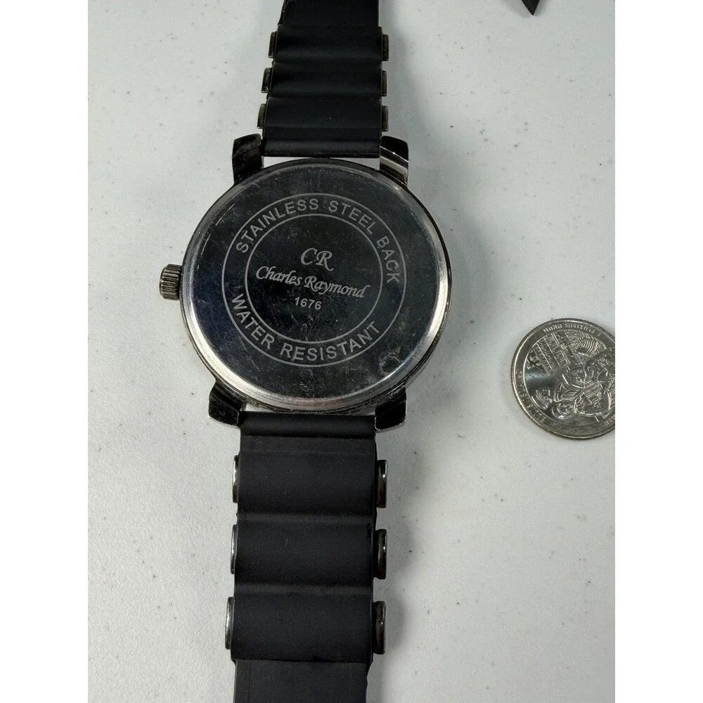 Charles Raymond CR 1676 Black Quartz Watch 52mm Crystal Dial New Battery Works